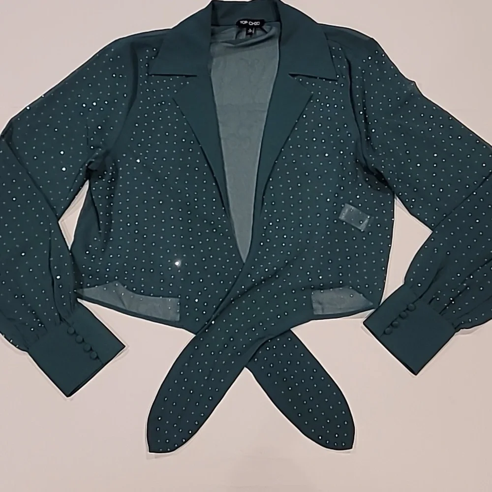 Top Chic Tie Front Semi Sheer Sparkle Studded Cropped Blouse Forest Green L - Picture 8 of 14